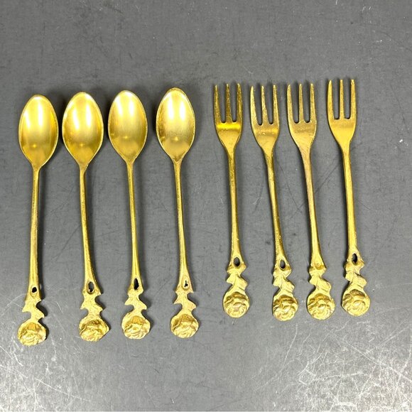 Brass Demitasse Coffee Spoon Dessert Salad Fork Gold Tone Rose Handle Set 4 VTG - Picture 1 of 13